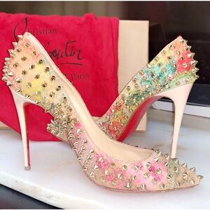 Christian Louboutin Cork Patent Bloom Print Follies Spikes Red Bottoms